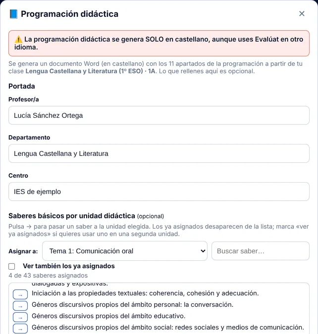Evalúat window for creating the teaching programme, assigning basic knowledge to each unit